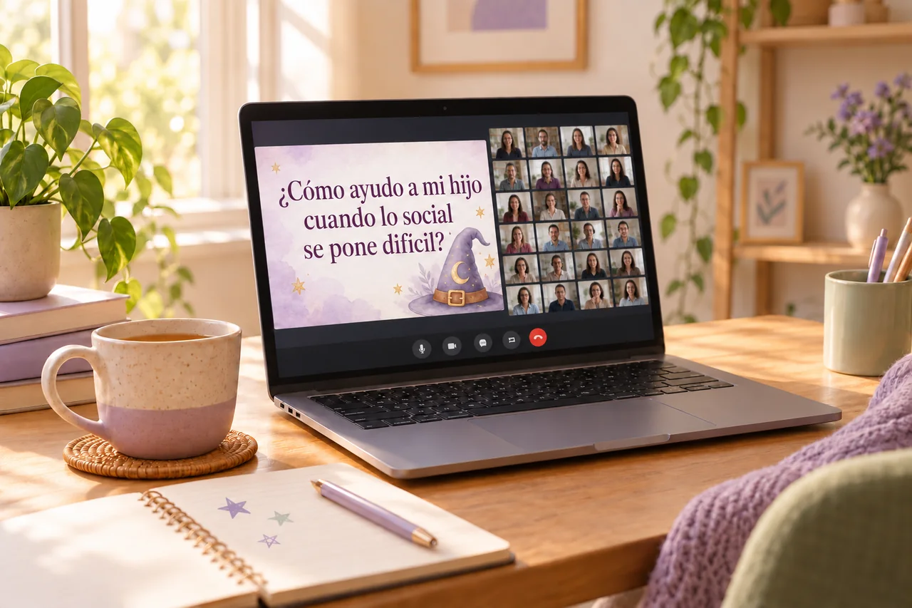Computadora con la presentación del webinar: ¿Cómo ayudo a mi hijo cuando lo social se pone difícil?, acompañada por el sombrero mágico